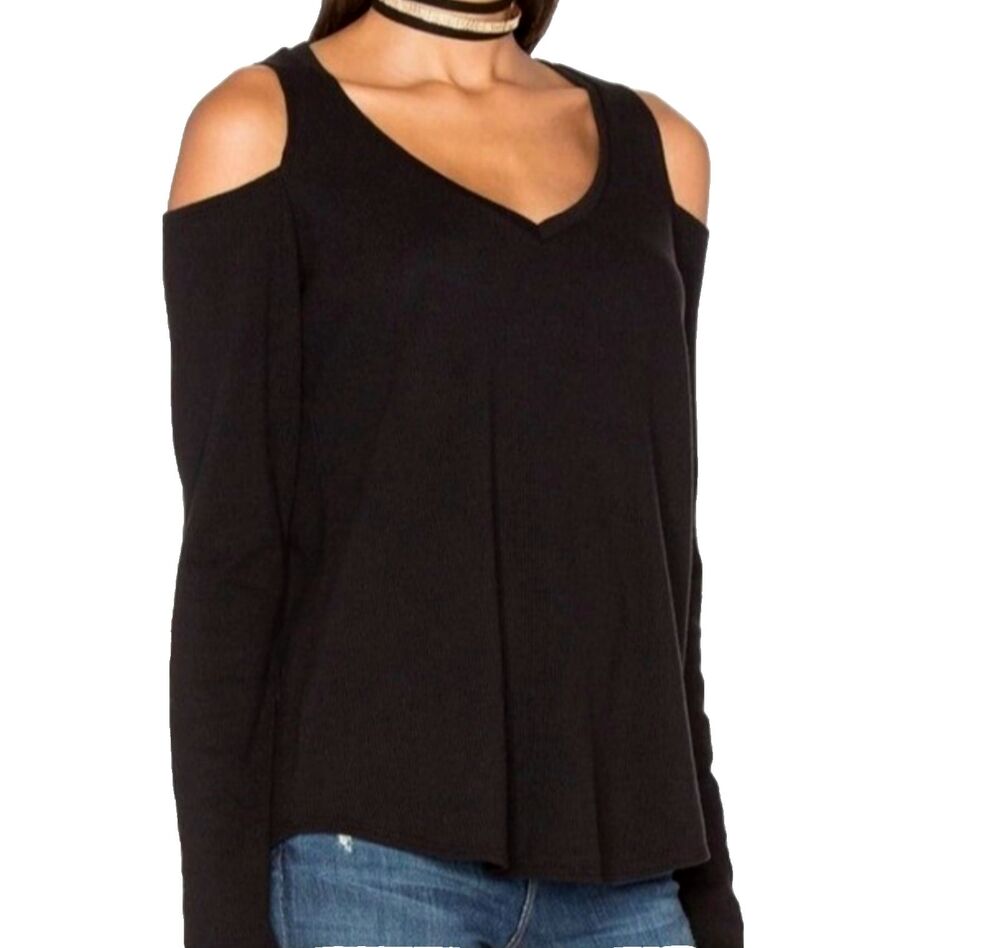 Chaser Cold Shoulder Long Sleeve Top Black V Neck Cutout Shirt Women's XS